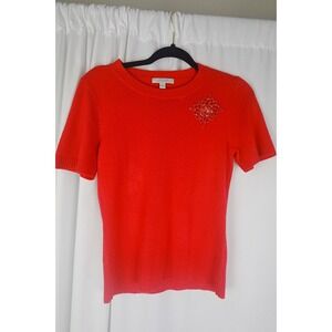 Bogari‎ Red Embroidered Pullover Short Sleeve Crew Beaded Flower Sz S